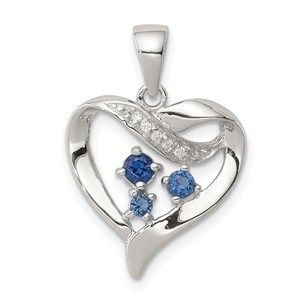 925 Sterling Silver Blue Glass and Clear CZ Heart Necklace Charm Pendant